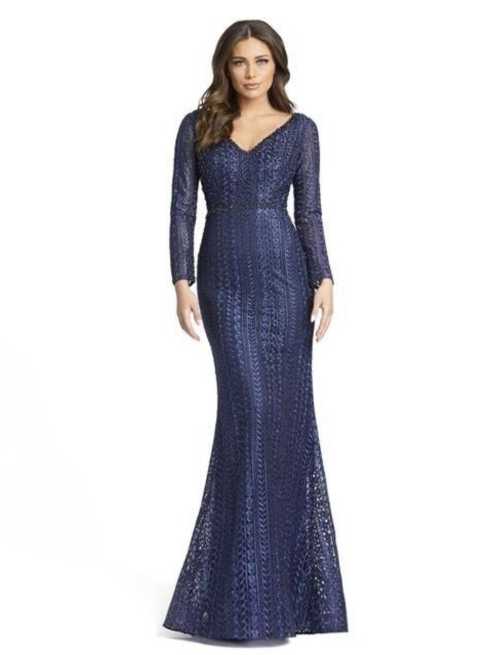 Mac Duggal Size 18 20271 Navy Blue Embroidered Beaded Trumpet Gown Dress Formal